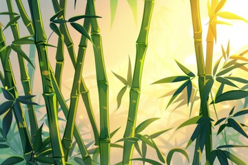 A Painting of a Bamboo Tree With the Sun in the Background