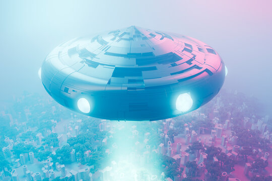 top view of a flying saucer over a city