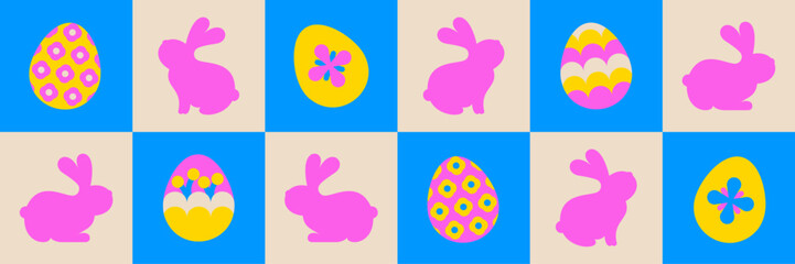 Set of Easter decorations, Easter holidays, Easter bunny and eggs. Easter postcard and template.