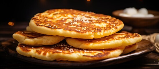 A stack of pancakes sits prominently on top of a white plate, showcasing their fluffy texture and golden-brown color. The pancakes appear freshly made and are ready to be enjoyed.