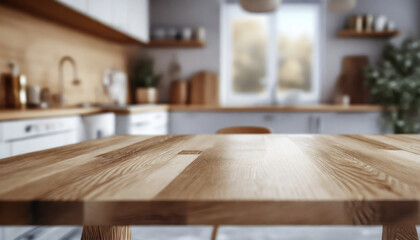 Brown natural wooden kitchen island table top with copy space for product advertising over blurred dark classic kitchen background at home
