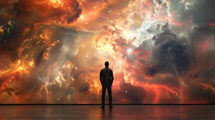 Fototapeta premium Faith. Heavenly Background. Man Looking At Abstract Painting Of The Heavens On Wall In Art Gallery, Rear View