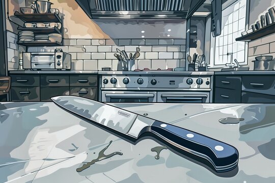 A Kitchen With a Large Knife on the Counter