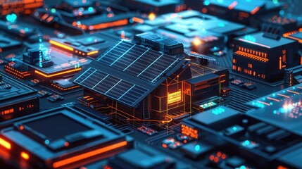 Fototapeta premium Futuristic Generic Smart Home With Solar Panels Rooftop System For Renewable Energy Concepts As Wide Banner With Copyspace Area -