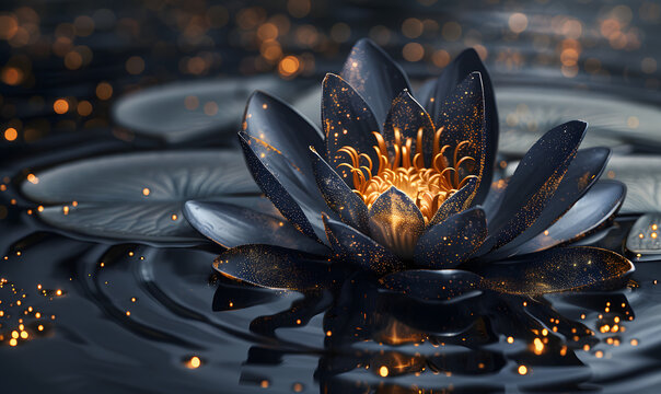 Black lotus flower on water with glowing sparks. Tranquility and mysticism concept. Design for meditation guide cover, spiritual wellness blog, lose-up shot with reflective water surface and glowing