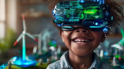 A joyful African American child engages with a virtual reality experience, learning about sustainable energy solutions including wind turbines and solar panels, symbolizing hope for a green future.