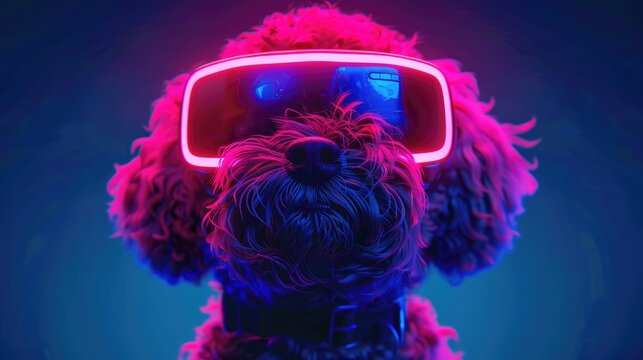 Futuristic Illustration Of Petfluencer Character Maltese Poodle Dog In Vr Goggles Illuminated With Pink Light Against Neon Blue Background