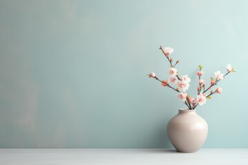 Pastel wall mockup with copy space, decorated in spring style with a vase of unopened flower buds