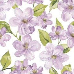 Vibrant watercolor seamless pattern with purple flowers and lush green foliage, capturing the essence of a blooming garden in a pastel palette.