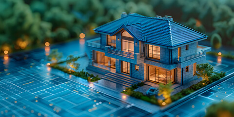Isometric view of a luxurious house transitioning from blueprint to 3D model. Architecture and design concept. Design for architectural portfolio, real estate development advertisement with copy space