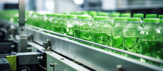 A line of identical bottles filled with a bright green liquid, neatly arranged on a shelf. The liquid appears to be plant-based and possibly herbal in nature. Each bottle is labeled with a small tag