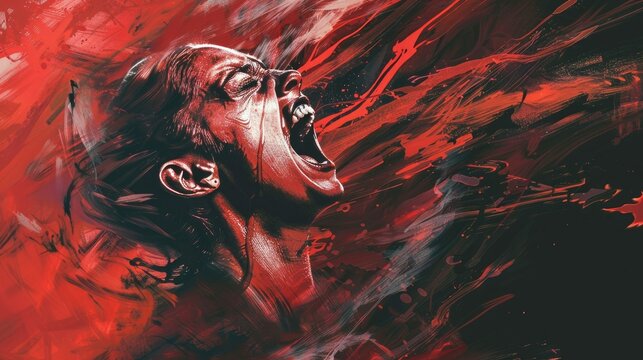 Illustration Of Angry Woman Screaming With Closed Eyes In Red Abstract Style Representing Concept Of Mental Health Problems