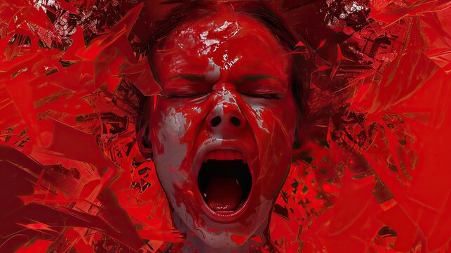 Illustration Of Angry Woman Screaming With Closed Eyes In Red Abstract Style Representing Concept Of Mental Health Problems
