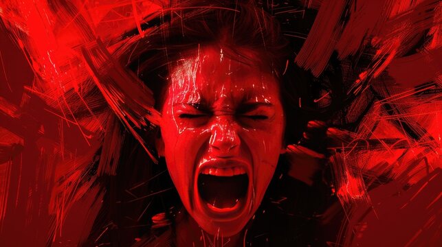 Illustration Of Angry Woman Screaming With Closed Eyes In Red Abstract Style Representing Concept Of Mental Health Problems