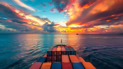 Cargo ship voyage at sea with colorful containers during sunset. Majestic ocean sunset with commercial freight transportation. International shipping under dramatic evening skies. - obrazy, fototapety, plakaty