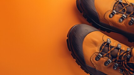 Robust hiking boots on vibrant orange background with dynamic lacing - obrazy, fototapety, plakaty