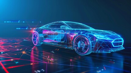 Wireframe model of a modern electric vehicle with neon illumination. Electric car concept with a dynamic wireframe design and neon lights.