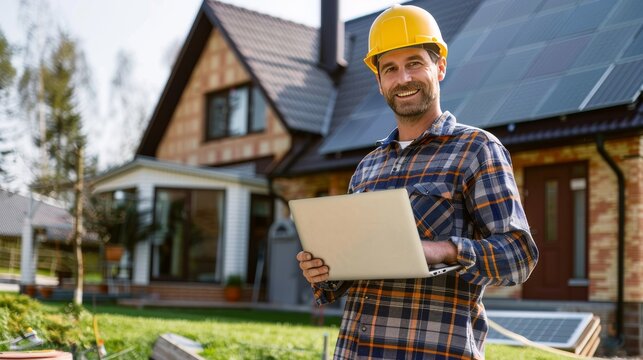 Solar energy consultant with laptop at residential installation. Engineer in safety helmet smiling at sustainable housing project. Professional assessing solar panels on suburban home.