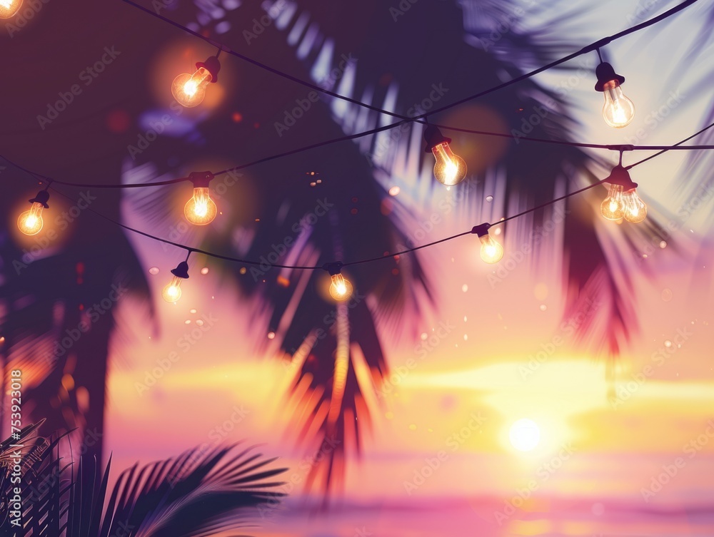 Poster cute summer background with hanging string lights and palm trees in soft focus generative ai