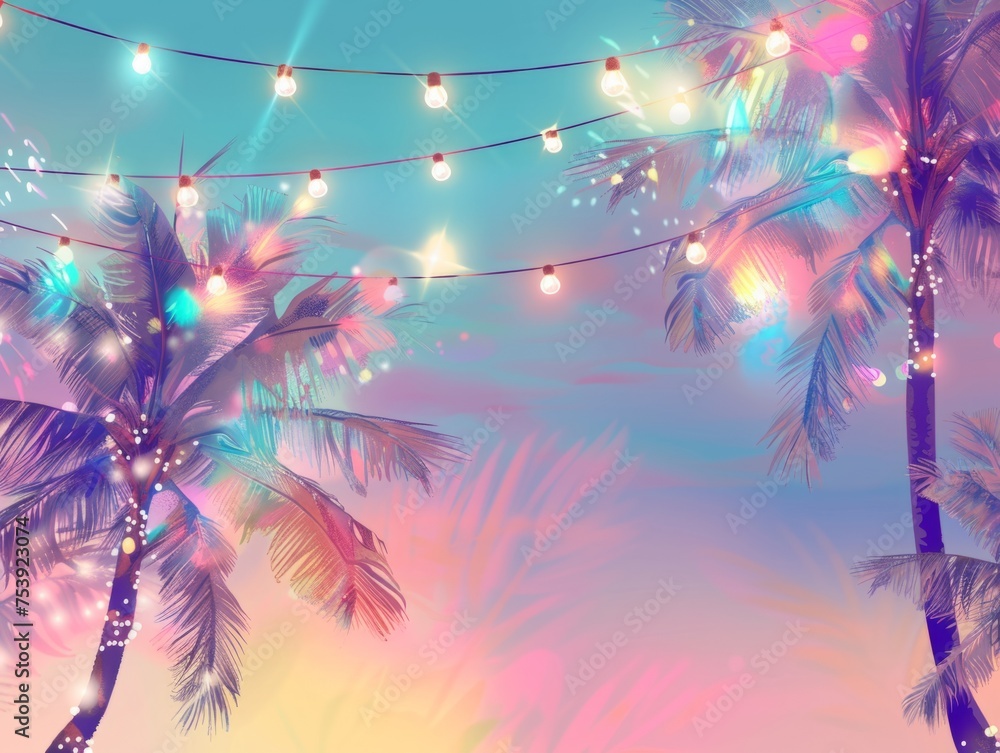 Aufkleber pastel colored cute summer background with hanging string lights and palm trees generative ai