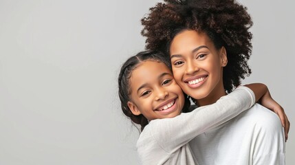 Loving family moment between mother and daughter with a tight embrace. Joyful young girl hugging her older sister showing affection and happiness. Warm and happy siblings share a tender hug and smiles - obrazy, fototapety, plakaty