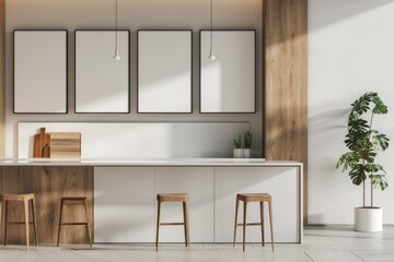 Sleek kitchen design with white countertop and blank picture frames. Sunlit modern kitchen featuring space for personalized wall art. Elegant minimalist kitchen with potential for custom decoration.