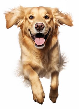 Playful golden retriever leaping with a smile and flapping ears. Energetic and happy golden retriever captured mid-leap. Joyful leap of a golden retriever with a radiant smile on a white background.