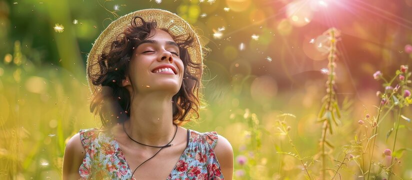 Portrait of beautiful young woman enjoying her freedom in garden fields. AI generated image