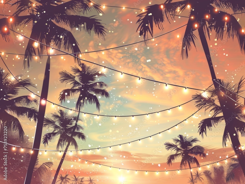 Poster festive summer background with palm trees and string lights