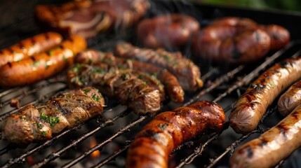 Close up meat, sausages, bee grilling over the coals in outdoor party. AI generated image - obrazy, fototapety, plakaty