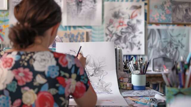 Artist drawing botanical art with pencil in a creative workspace
