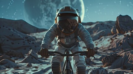 Obraz premium Illustration Of Unrecognizable Person Wearing Protective Helmet And Spacesuit Riding Bicycle On Sandy Off Road Simulating Moon