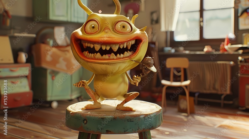 Poster a mischievous 3d animated character, with a twinkle in its eyes and a playful grin, sitting on a sto