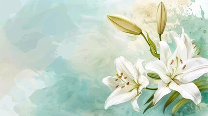 Elegant white lily flower with watercolor style background and invitation wedding card. AI generated