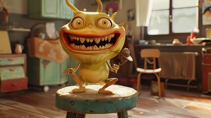 A mischievous 3D animated character, with a twinkle in its eyes and a playful grin, sitting on a stool in an empty studio, holding a prop in its hand.