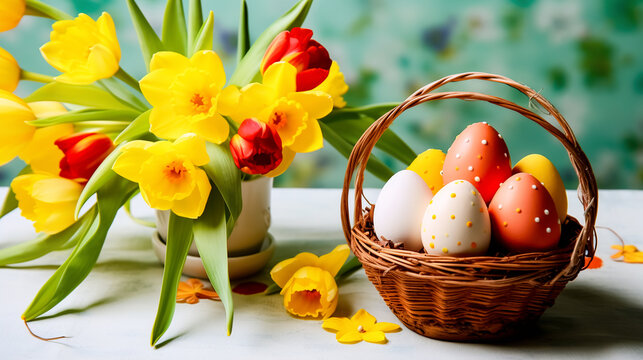 Easter eggs in basket with yellow daffodils and tulips. Greeting card on an Easter theme. Happy Easter concept.