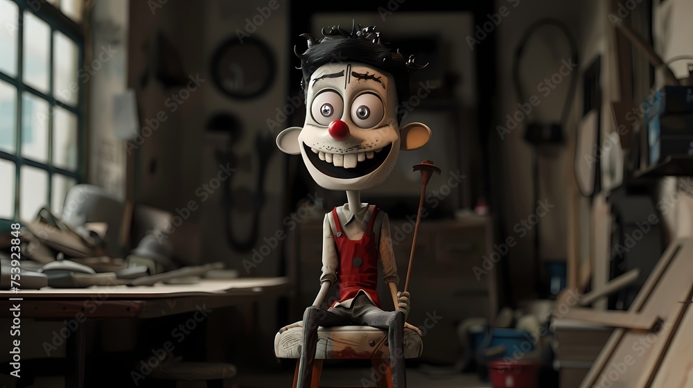 Poster a mischievous 3d animated character, with a twinkle in its eyes and a mischievous grin, sitting on a