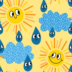 Summer cartoon weather seamless sun and clouds pattern for wrapping paper and fabrics and linens and kids