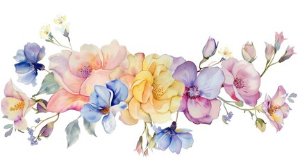 Watercolor illustration very peri flowers bouquet and leaves on white background. AI generated