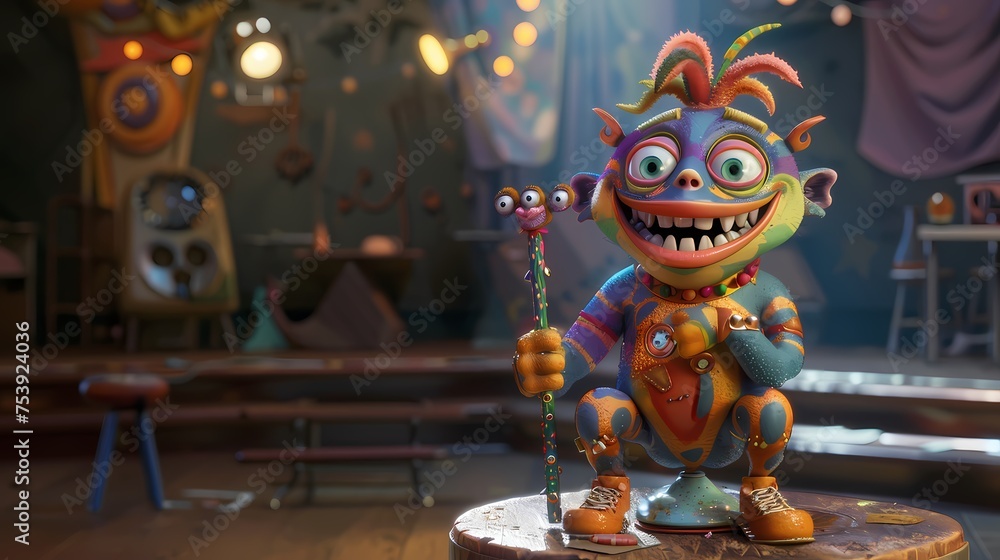 Poster a mischievous 3d animated character, with a twinkle in its eyes and a mischievous grin, sitting on a