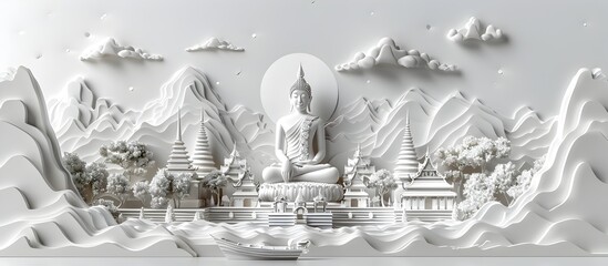 3D Paper Art Buddha in White Mountain Landscape, To convey a sense of peace and spirituality through detailed and intricate 3D paper art