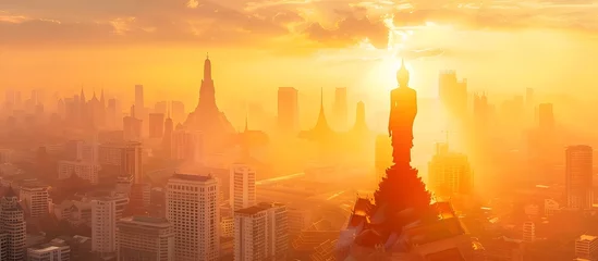 Poster Golden Statue Silhouette Overlooking City in Zen Style, To convey a sense of spirituality, cultural heritage and urban landscape in a unique and © Sittichok