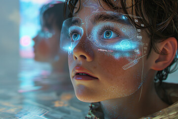 Persona utilizando nueva tecnología, futuro tecnológico, concepto de visión en realidad aumentada
