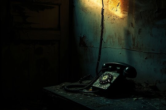 An Old Phone Resting on a Table in a Dimly Lit Room