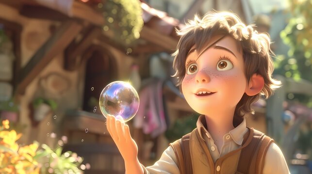 The character attempts to catch a floating soap bubble on its fingertip, eyes filled with wonder.