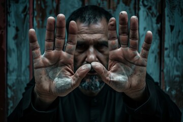 A Man Holding His Hands in Front of His Face - obrazy, fototapety, plakaty