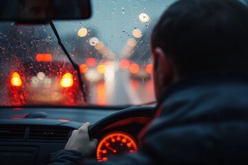 A Man Driving a Car on a Rainy Day