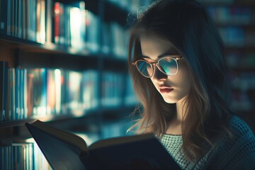 Woman Reading a Book in a Library - obrazy, fototapety, plakaty