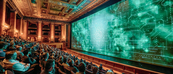 Obraz premium International World Conference to a big Audience Big Picture CEO Keynote Presentation of the Future AGI Social Military Nature and Since Wallpaper Digital Art Magazine Background Poster Card