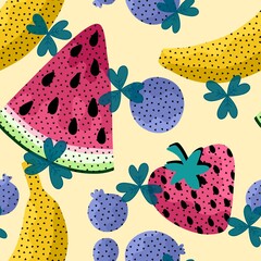 Cartoon doodle cute fruit seamless banana and strawberry and watermelon and blueberry pattern for summer print